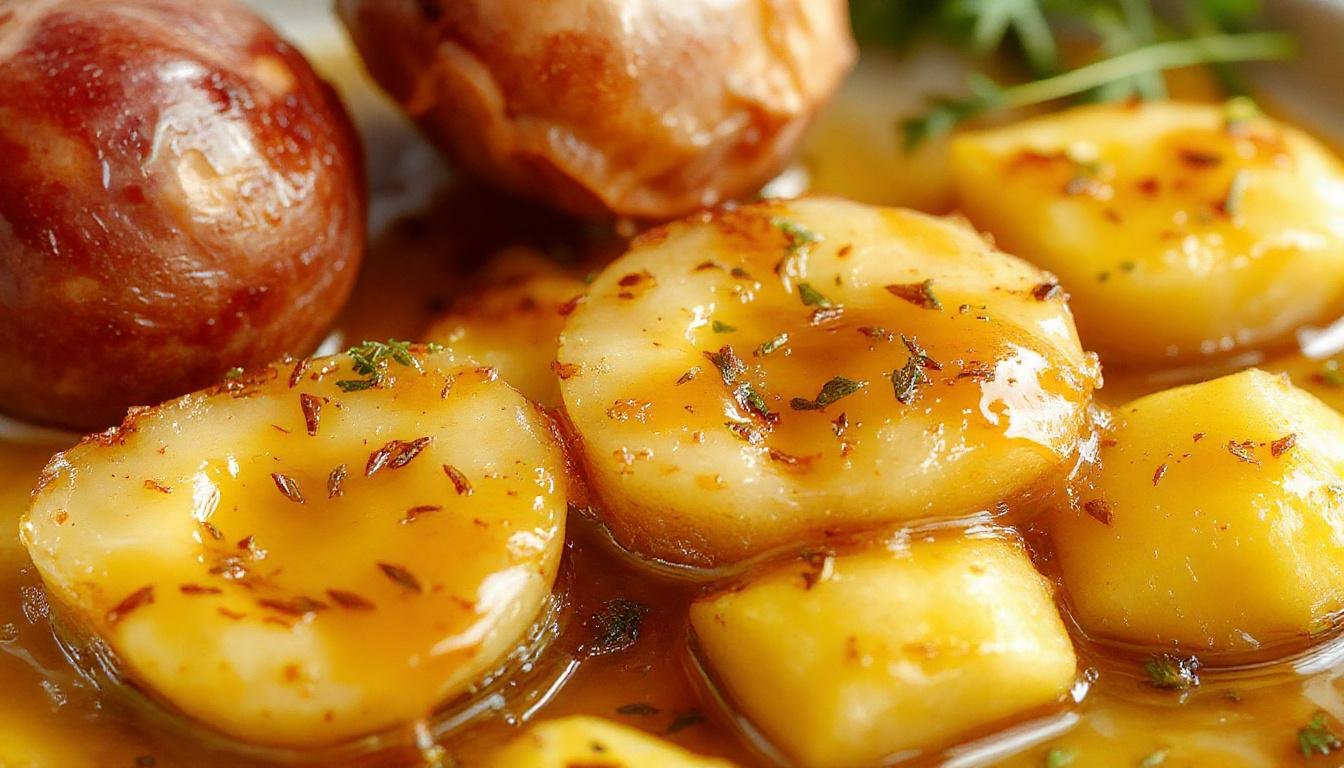 Plato de berenjenas fritas doradas y crujientes, cubiertas con un hilo de miel de caña brillante, presentada en una bandeja de barro sobre una mesa de madera rústica. La textura de las berenjenas se ve crujiente por fuera y tierna por dentro, con un acabado dulce y tentador.