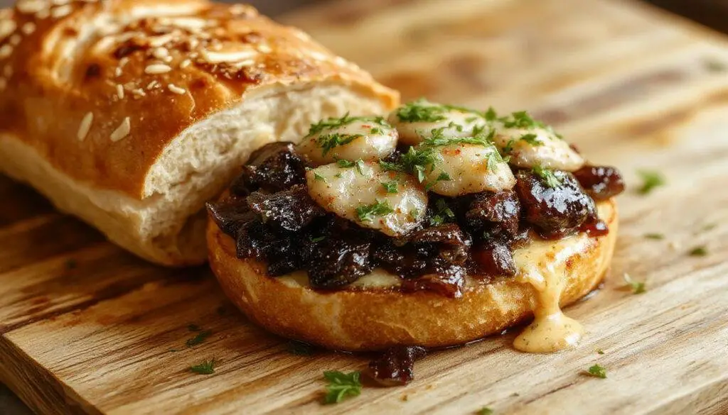 Un bocadillo valenciano abierto sobre un plato de madera, mostrando pan crujiente relleno con tallos verdes, trozos de embutido y habitas. La inspiración valenciana se refleja en los ingredientes y la presentación sencilla pero apetecible, con un fondo neutro que resalta los colores vivos del bocadillo.