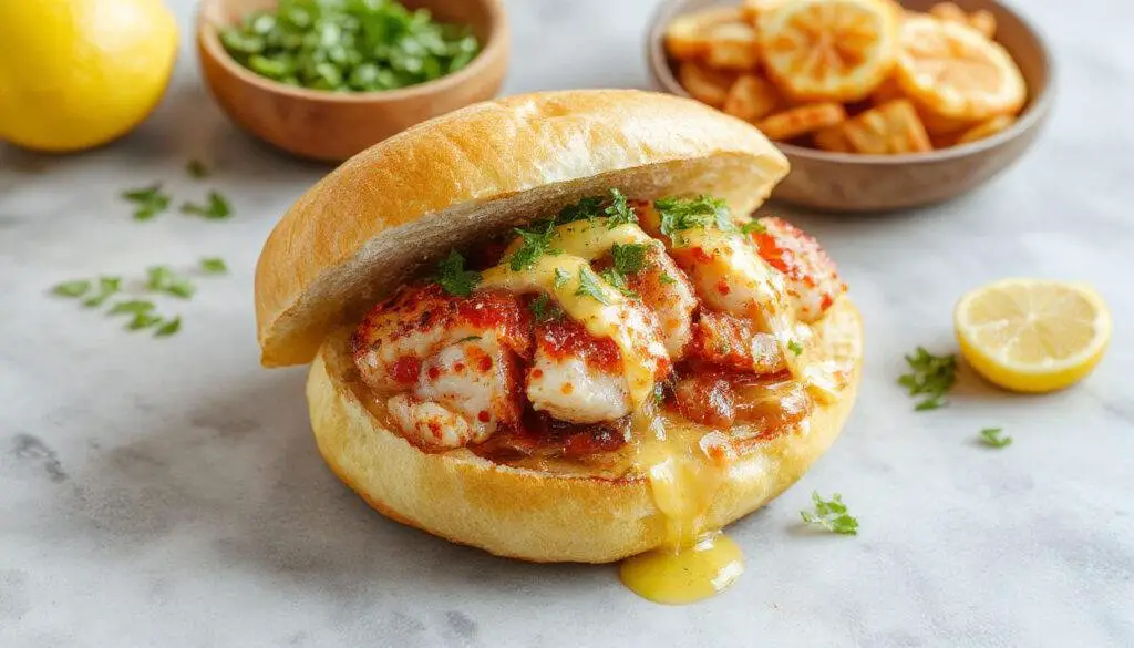 Un bocadillo de calamares dorados y crujientes, relleno en un pan crujiente y suave, adornado con rodajas de limón y un toque de mayonesa, presentado sobre un fondo de madera clara