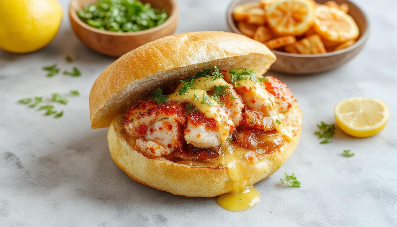 Un bocadillo de calamares dorados y crujientes, relleno en un pan crujiente y suave, adornado con rodajas de limón y un toque de mayonesa, presentado sobre un fondo de madera clara