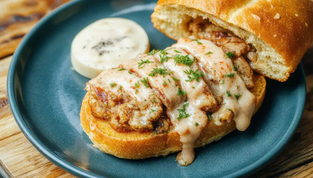 Un bocadillo de lomo relleno en un pan crujiente y dorado, con trozos jugosos de lomo, lechuga fresca y tomate en la presentación, en un ambiente casual y apetitoso
