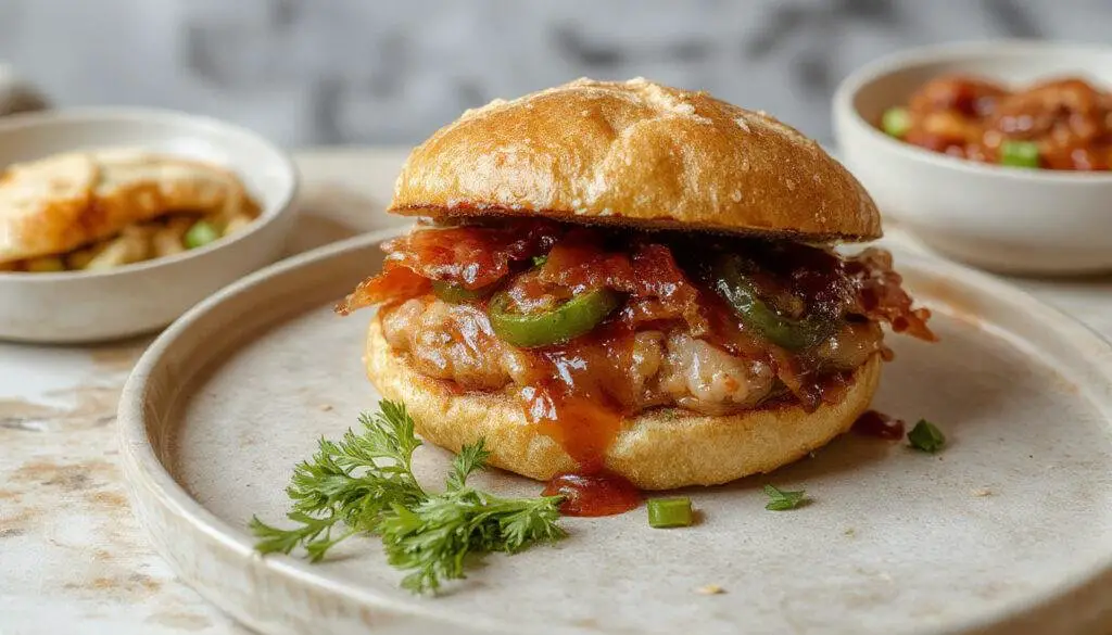 Un sándwich de pan crujiente relleno con lomo de cerdo a la plancha, pimientos asados, jamón y hojas de lechuga fresca, presentado en un plato blanco con un fondo desenfocado que resalta los ingredientes y las texturas variadas.