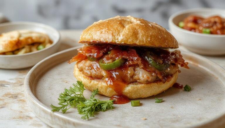 Un sándwich de pan crujiente relleno con lomo de cerdo a la plancha, pimientos asados, jamón y hojas de lechuga fresca, presentado en un plato blanco con un fondo desenfocado que resalta los ingredientes y las texturas variadas.