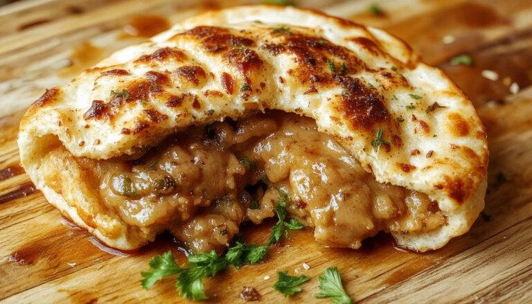 Bocadillo de tortilla francesa y atún cortado por la mitad, con una corteza dorada y esponjosa, relleno de tortillas de huevo y trozos de atún, servido sobre un plato de cerámica blanca con unos toques verdes de perejil, en un fondo de madera clara y luz natural que resalta sus colores y texturas.