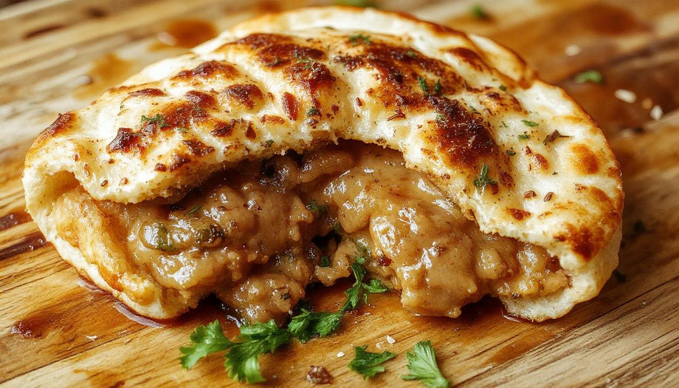 Bocadillo de tortilla francesa y atún cortado por la mitad, con una corteza dorada y esponjosa, relleno de tortillas de huevo y trozos de atún, servido sobre un plato de cerámica blanca con unos toques verdes de perejil, en un fondo de madera clara y luz natural que resalta sus colores y texturas.
