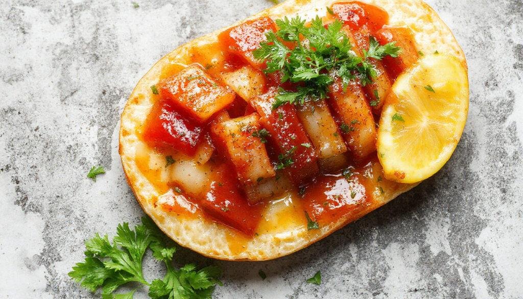 Plato de bonito con tomate en un plato blanco, acompañado de rodajas de tomate fresco y ramitas de perejil, con un fondo de mesa de madera y utensilios de cocina, resaltando los colores vivos del pescado y el tomate.