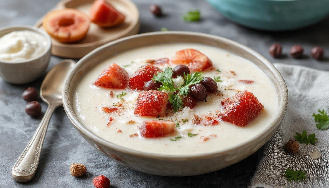 Un bowl de avena nocturna en colores vibrantes, cubierto con frutos rojos rojos y azules, semillas de chía espolvoreadas en la superficie y una presentación en un tazón de cerámica blanca, decorado con menta fresca y rodajas de fruta fresca alrededor.