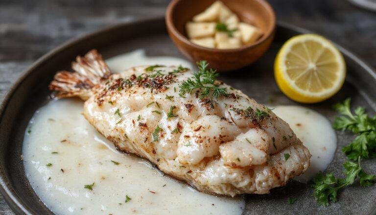 Plato de brandada de bacalao cremosa presentada en un pequeño recipiente, con una textura suave y brillante, acompañada de pan tostado en un fondo neutro, resaltando su color blanco y textura untuosa.
