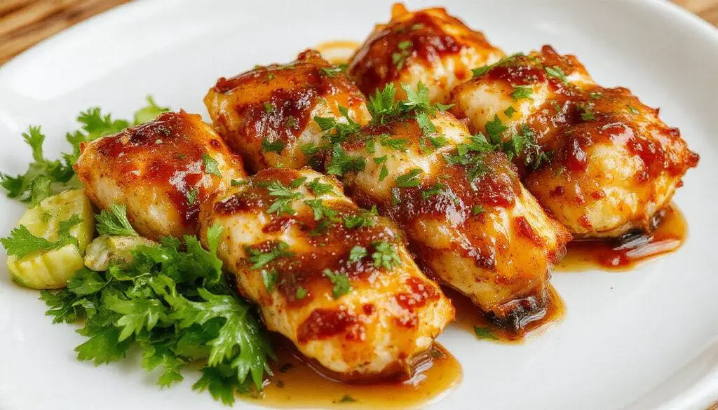 Brochetas de pollo satay doradas en la parrilla, acompañadas de una salsa de cacahuete cremosa y brillante, presentación sobre un plato blanco, con detalles de cilantro y cacahuetes picados en la superficie.