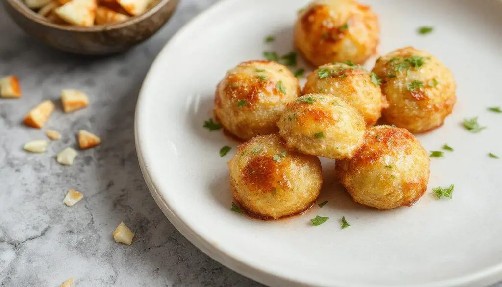 Imagen que muestra unos buñuelos de bacalao dorados y crujientes, presentados en un plato blanco con un toque de perejil fresco y limón, resaltando su textura esponjosa y frita perfectamente.
