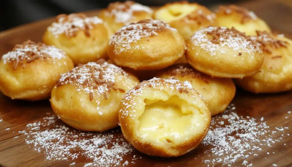 Plato de buñuelos de viento dorados y esponjosos, espolvoreados con azúcar glas,presentados en un plato blanco sobre una mesa de madera, con un fondo tenue, mostrando su textura ligera y aireada.
