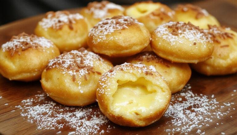 Plato de buñuelos de viento dorados y esponjosos, espolvoreados con azúcar glas,presentados en un plato blanco sobre una mesa de madera, con un fondo tenue, mostrando su textura ligera y aireada.