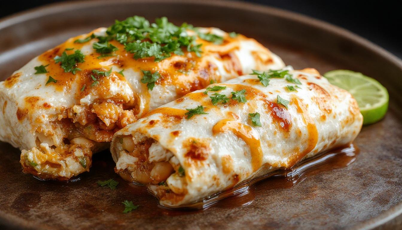 Un plato de burritos de pollo y frijoles en un plato rectangular, grandes tortillas rellenas de pollo, frijoles y queso derretido, adornados con cilantro fresco y rodajas de jalapeño, presentación colorida y apetitosamente enrollada.