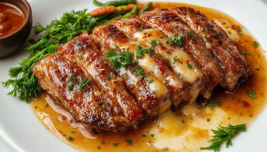 Cachopo Asturiano gigante y crujiente en un plato de madera, con carne de ternera empanizada dorada y crujiente, acompañado de guarnición de verduras frescas y papel de cocina para absorber el exceso de aceite.