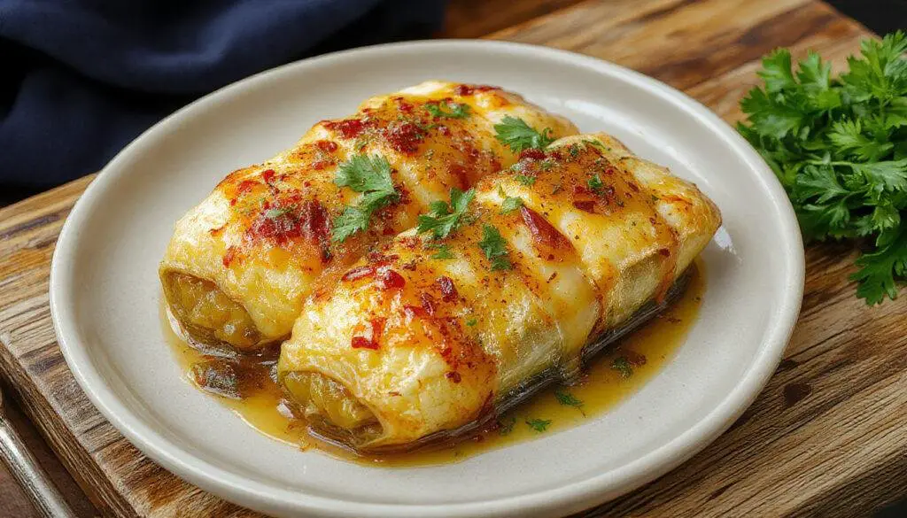 Calabacines rellenos cortados a la mitad y rellenos con una mezcla colorida de atún, verduras y queso, presentados en un plato blanco decorativo, con una textura cremosa y ingredientes frescos visibles.