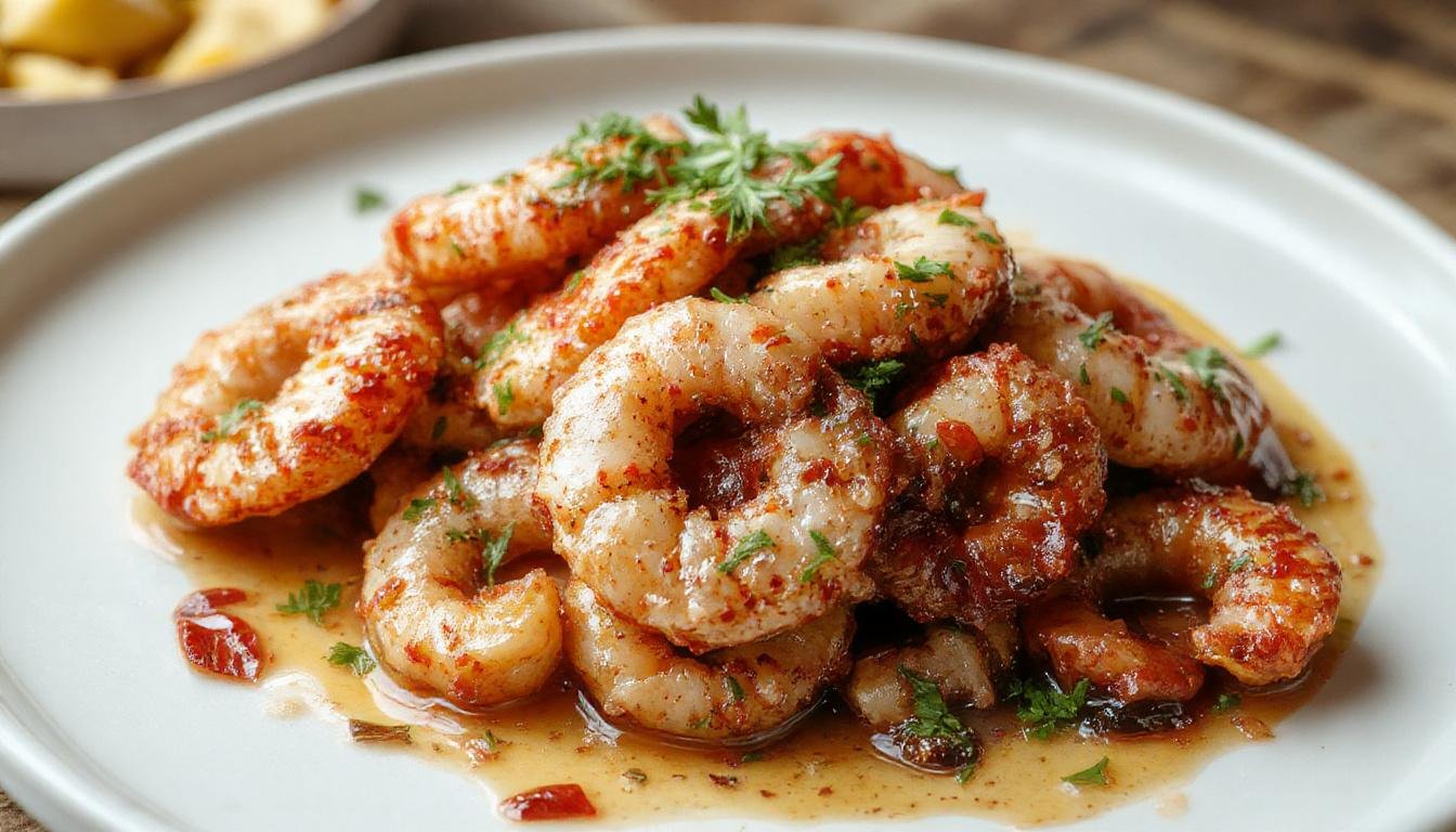Calamares a la romana dorados y crujientes, servidos en un plato blanco con rodajas de limón y una porción de ensalada de verduras frescas en el fondo, con textura crujiente y apariencia apetecible.