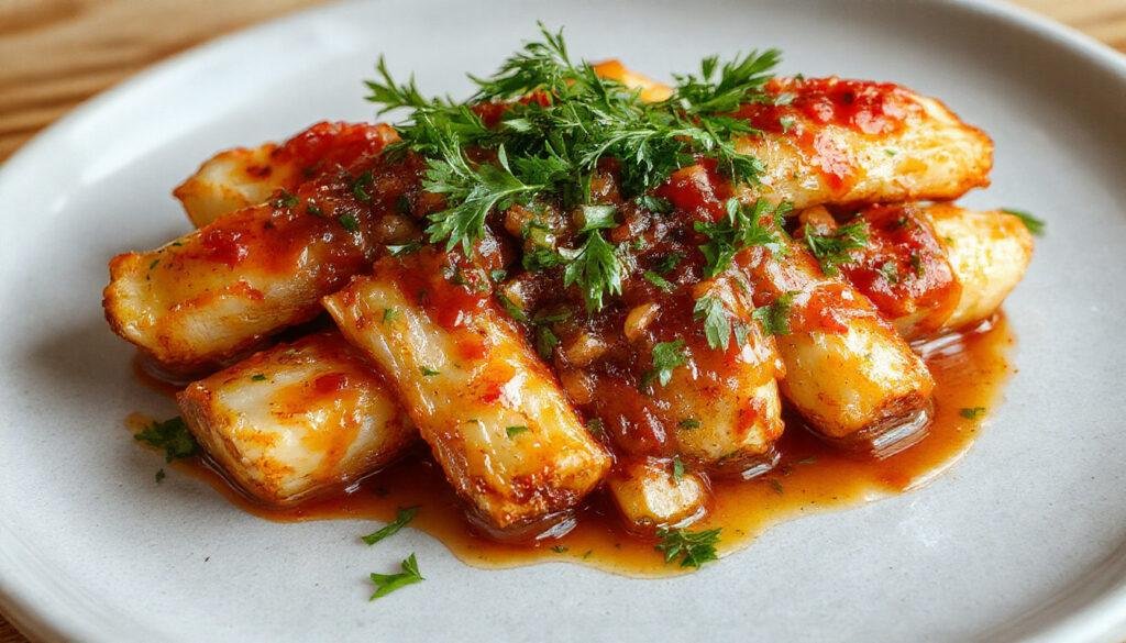 Calçots asados, cubiertos con salsa romesco, dispuestos en un plato en una mesa de madera durante una calçotada tradicional catalana. La salsa de color rojo anaranjado cubre parcialmente los calçots, que tienen tonalidades blancas y verdes en las partes expuestas, con textura ligeramente ahumada y tierna.