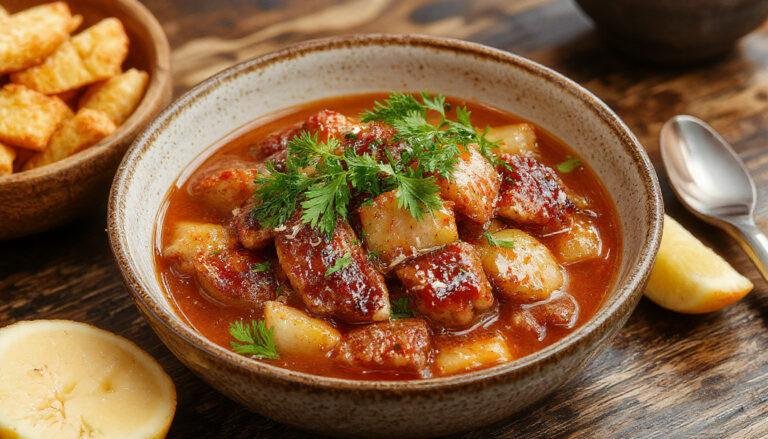 Plato de caldereta de cordero en un plato hondo de barro, con carne tierna y jugosa, acompañado de verduras como pimientos y patatas, rodeado de ingredientes frescos y especias, en un entorno rústico y cálido.