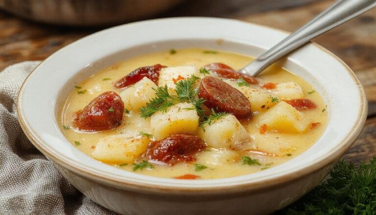 Un plato de caldo gallego en un cuenco de cerámica blanca, lleno de caldo amarillo claro con trozos de chorizo rojo, patatas y grelos verdes, decorado con perejil fresco, presentado sobre una mesa de madera rústica.