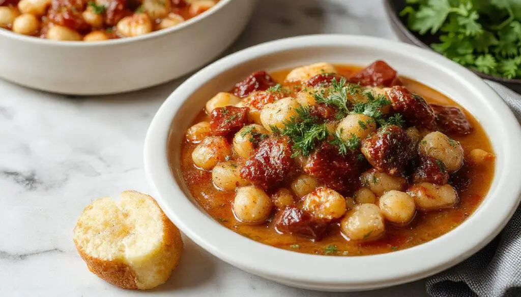 Un plato hondo lleno de callos a la madrileña con garbanzos y chorizo, presentado sobre una mesa de madera. El plato muestra una mezcla de texturas con callos tiernos, garbanzos brillantes y trozos de chorizo con un color rojizo intenso y una salsa espesa y aromática.