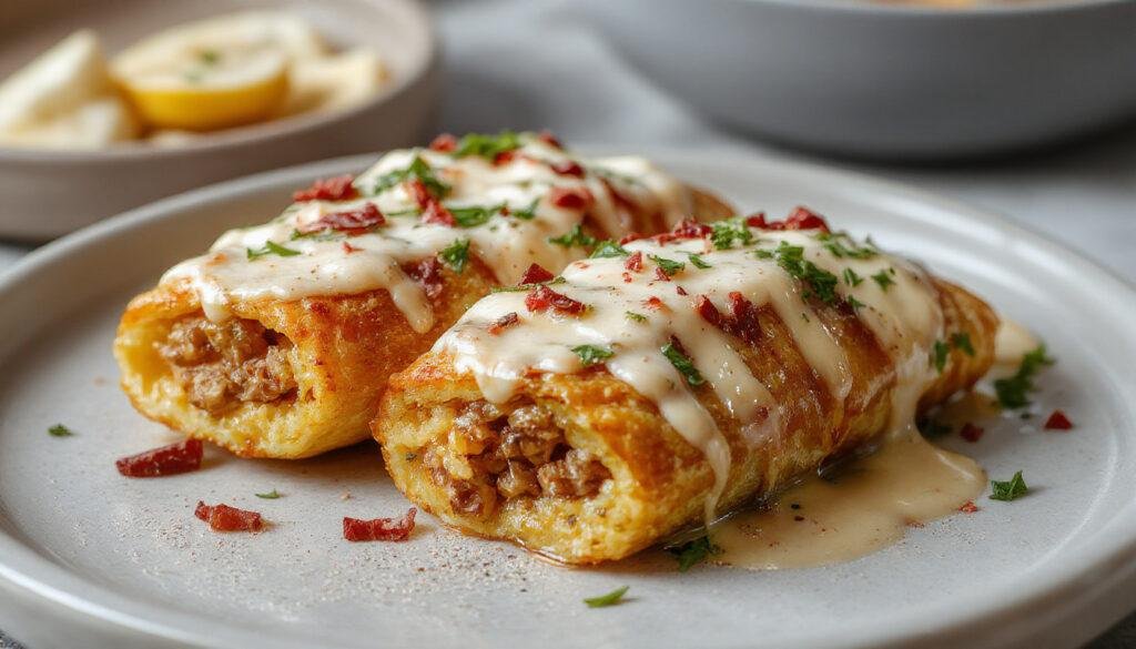 Un plato de canelones de carne gratinados con bechamel, presentados en un plato hondo blanco con un toque dorado en la superficie. Los canelones están rellenos de carne y cubiertos con salsa bechamel cremosa, adornados con un ligero gratinado y un toque de perejil picado para decorar.