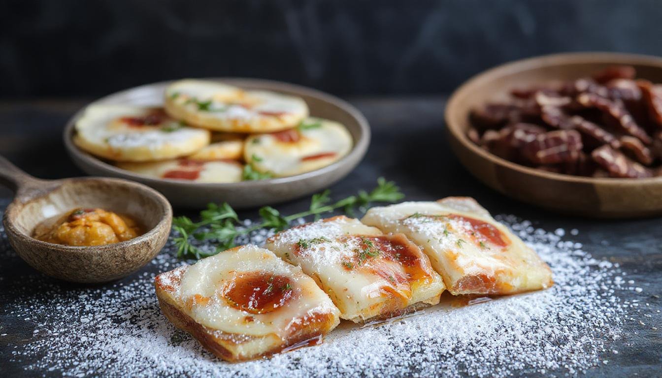 Plato de cardos con almendras y jamón, presentado en un plato blanco sobre una mesa de madera. Los cardos verdes y tiernos están bañados en salsa suave, adornados con almendras doradas y jamón cortado en tiras, creando un contraste de colores y texturas.