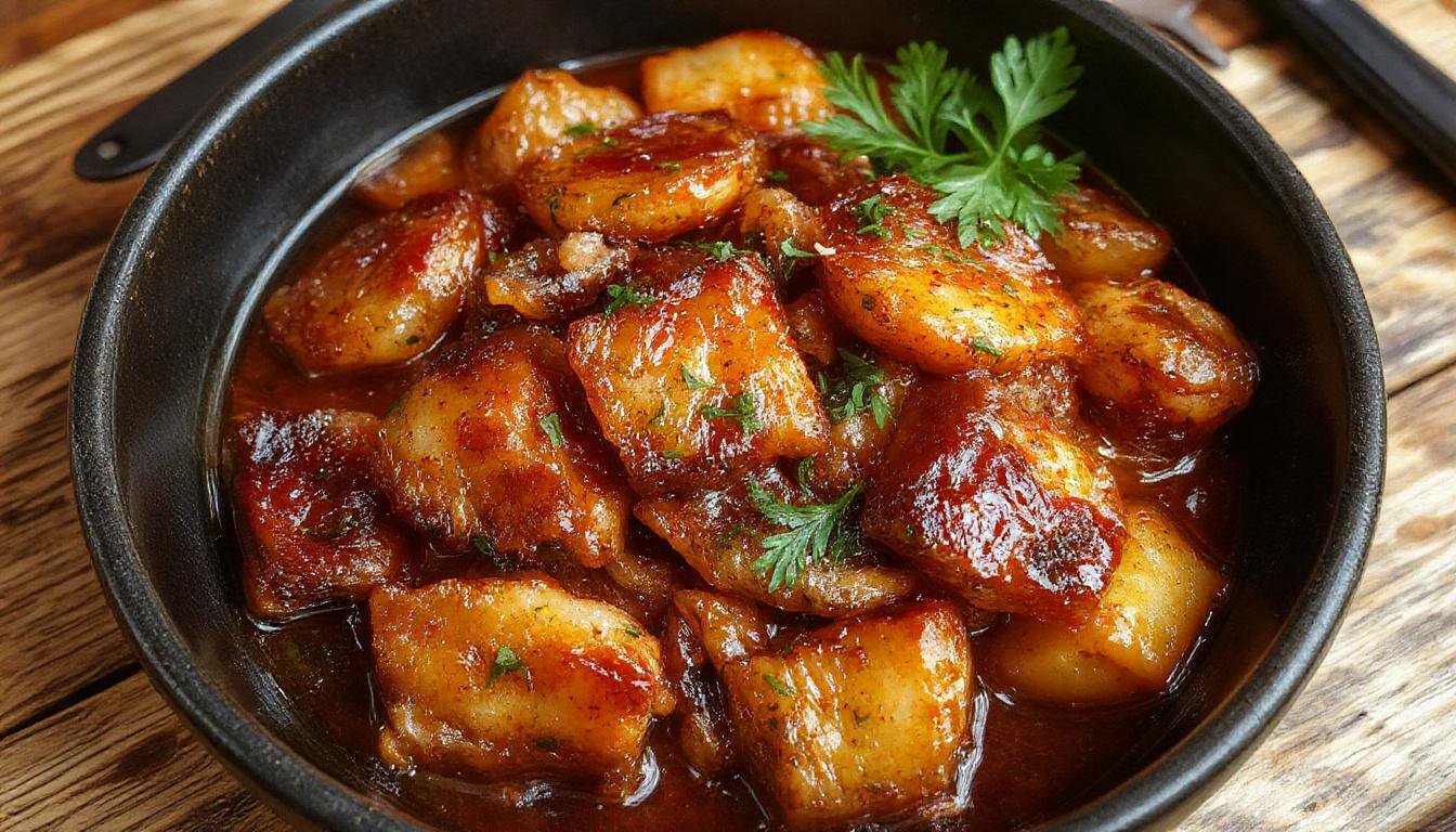Plato de cazón en adobo frito y crujiente presentado en un plato blanco, acompañado de ingredientes visibles como ajo, especias y rodajas de limón, con un acabado dorado y crujiente que resalta su textura apetecible.