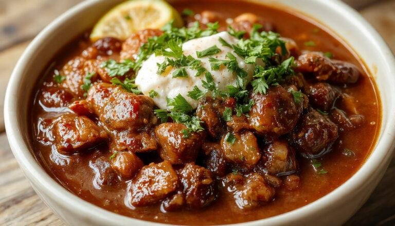 Plato de chili con carne en un bol hondo, con carne molida, frijoles, salsa roja y trozos de pimiento, decorado con cilantro fresco, presentado sobre una mesa de madera con tostadas al lado.