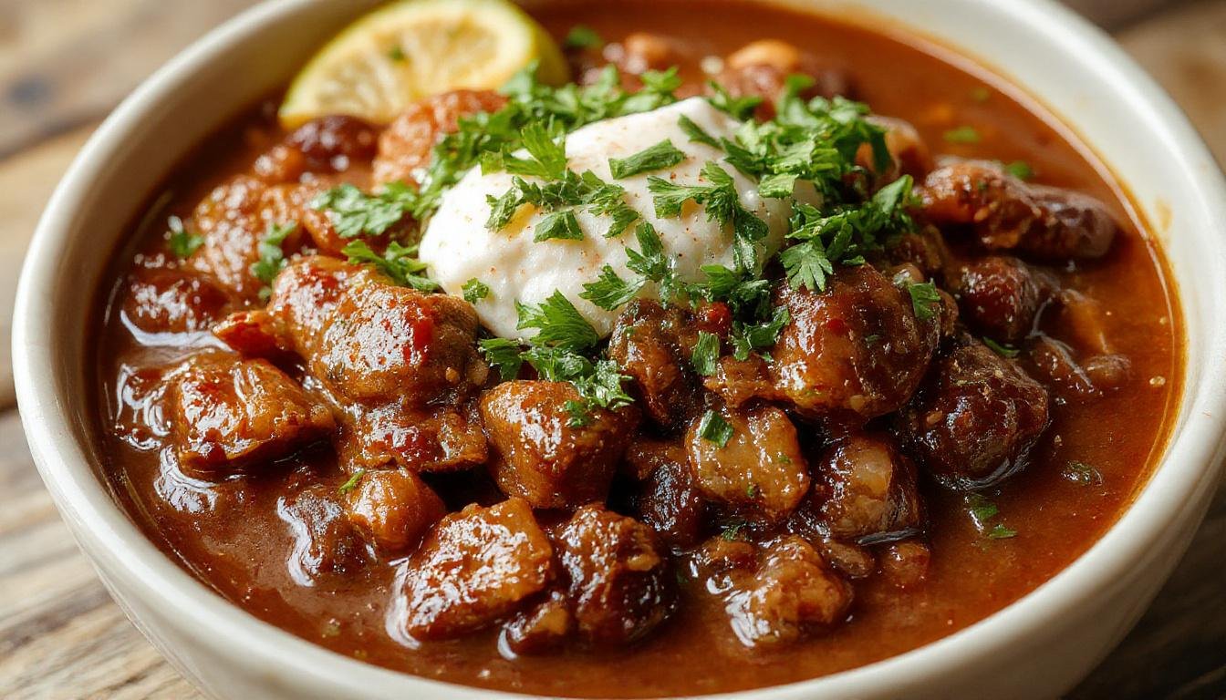 Plato de chili con carne en un bol hondo, con carne molida, frijoles, salsa roja y trozos de pimiento, decorado con cilantro fresco, presentado sobre una mesa de madera con tostadas al lado.