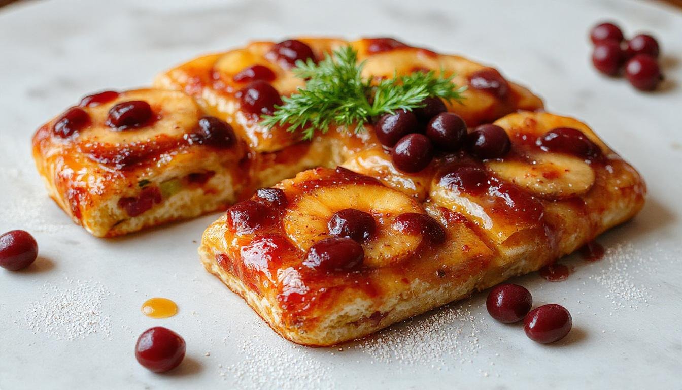 Una Coca de San Juan esponjosa, decorada con frutas confitadas en colores vibrantes, espolvoreada con azúcar glass y presentada sobre un plato blanco, resaltando su textura ligera y aireada.