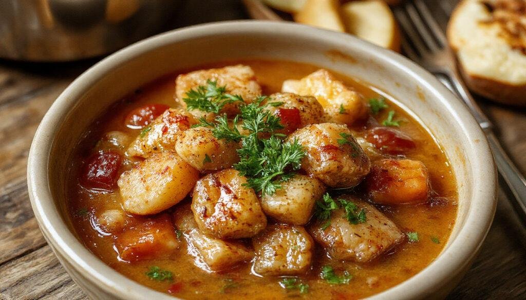 Plato de cocido madrileño en un plato hondo, con carne, chorizo, garbanzos, verduras y patatas, todo bien presentado y apetitoso.