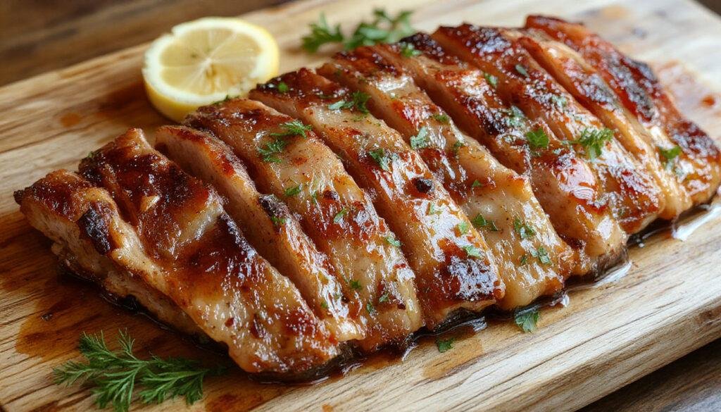 Una pieza de codillo de cerdo dorada y crujiente, servida en un plato blanco con salsas y guarniciones tradicionales. La carne muestra un exterior crujiente con jugosos trozos en su interior, acompañado de verduras y hierbas.