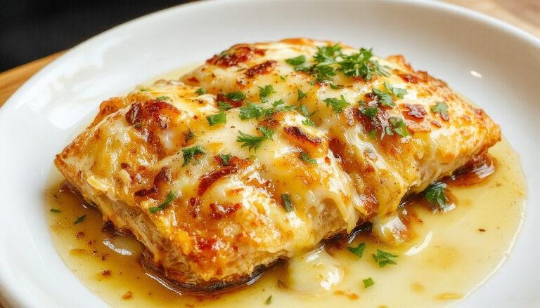 Una porción de coliflor gratinada en un plato blanco, cubierta con una capa dorada de queso fundido y salsa bechamel cremosa, decorada con un toque de perejil fresco.