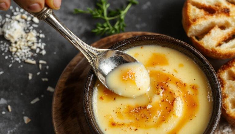 Un plato de crema catalana en un cuenco blanco, cubierta con una capa dorada de azúcar quemado crujiente, con una textura sedosa y glaseada en la superficie, acompañada de pequeños brotes de menta y un toque de canela en el fondo.