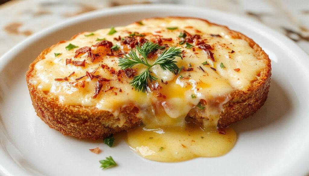 Un tazón de crema de calabacín de color verde suave, decorado con trocitos de queso en la superficie y acompañada de pan tostado al lado, presentado en un plato blanco sobre una mesa de madera rústica.