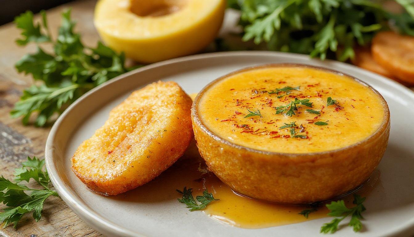 Vaso de crema de calabaza y zanahoria en tonalidad anaranjada, decorado con un toque de jengibre rallado y unas hojas verdes frescas en un plato blanco elegante.