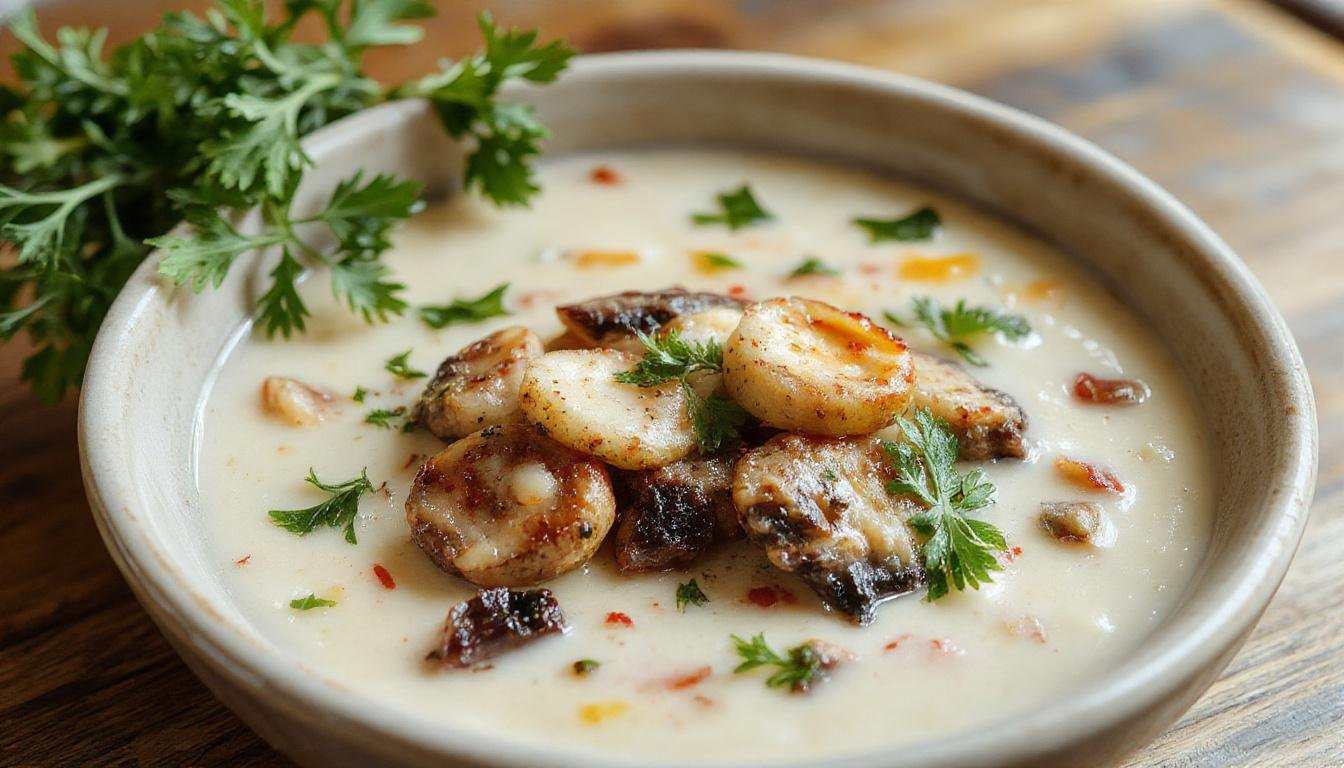 Un tazón hondo de crema de champiñones y portobello, de color beige con vetas marrón oscuro, decorado con un chorrito de aceite y pequeños trozos de setas como garnish. La textura cremosa revela una superficie suave y ligeramente espesa, presentada en un plato blanco sobre un mantel rústico, con un fondo difuso de ingredientes frescos y utensilios de cocina.