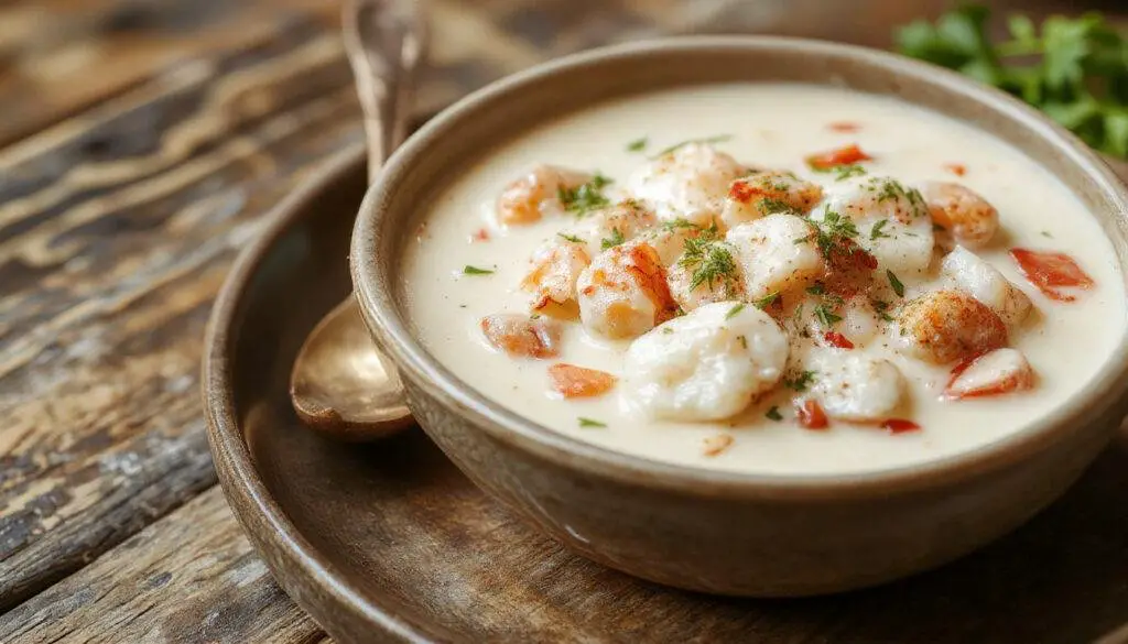 Plato de crema de mariscos servido en un tazón elegante, con una textura cremosa, decorado con trozos de marisco y hierbas frescas, presentación refinada sobre una mesa elegante con detalles festivos.