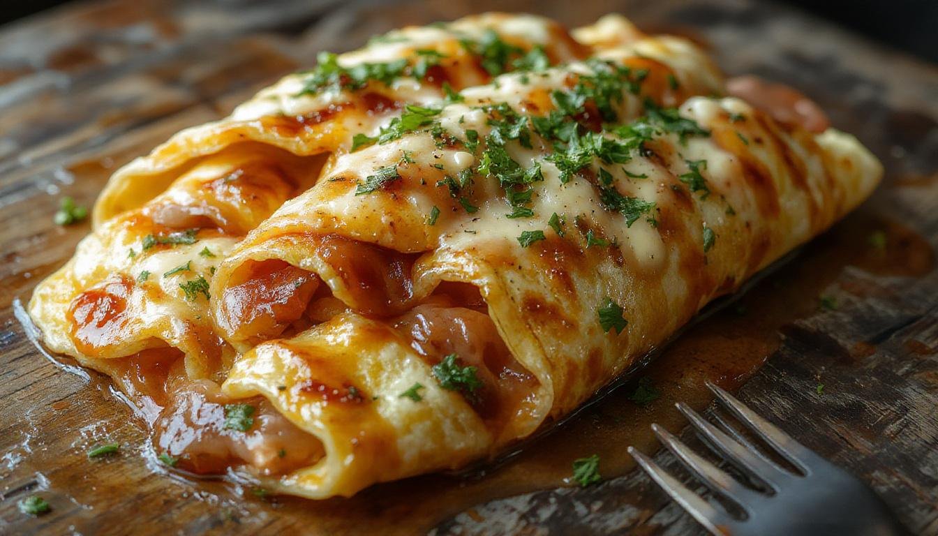 Crepes salados rellenos de jamón y queso; los crepes dorados y suaves se apilan y se rellenan con jamón cocido y queso fundido, presentados en un plato blanco sobre una mesa de madera, con una apariencia apetitosamente cremosa y tentadora.
