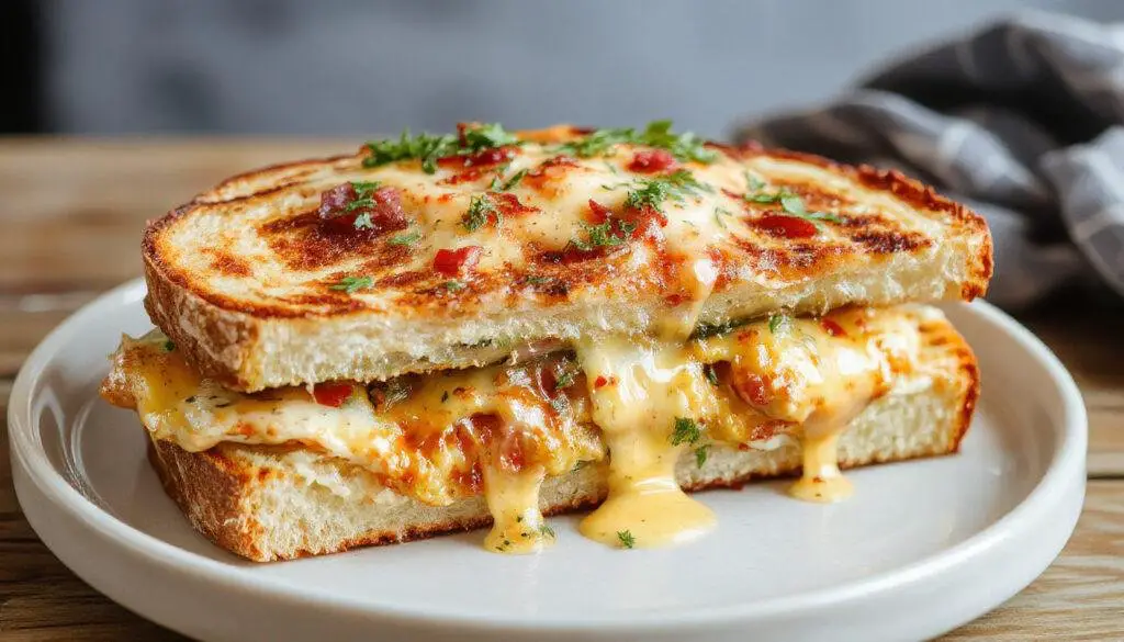 Una deliciosa porción de Croque Monsieur gratinado presentado en un plato blanco, con queso dorado y burbujeante en la superficie, acompañado de unas hojas verdes y una rebanada de pan en primer plano.