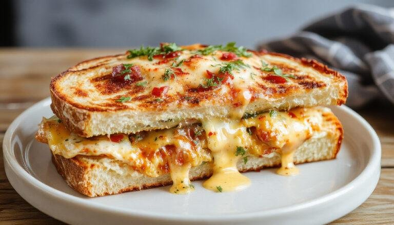 Una deliciosa porción de Croque Monsieur gratinado presentado en un plato blanco, con queso dorado y burbujeante en la superficie, acompañado de unas hojas verdes y una rebanada de pan en primer plano.