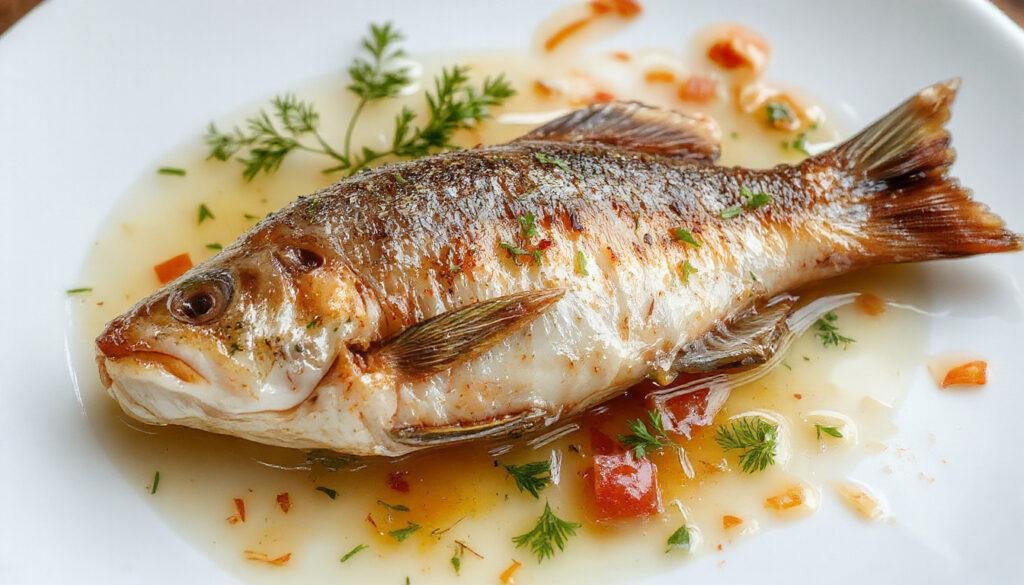 Filete de dorada a la sal en un plato blanco, con corte abierto que revela la carne jugosa y blanca, rodeada de sal gruesa y hierbas finas, presentación sencilla y elegante en un ambiente de cocina moderna.