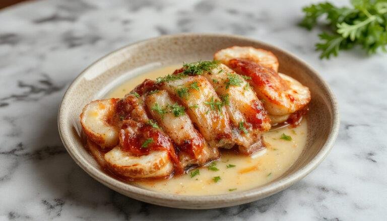Pulpo a la gallega servido en un plato de cerámica blanca, con rodajas de pulpo tiernas y visiblemente aromatizadas con pimentón de la Vera, acompañado de patatas cocidas, todo presentado sobre una mesa rústica con un toque tradicional.