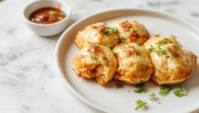 Empanadillas de atún caseras en un plato blanco, doradas y crujientes con un relleno visible de atún y pimientos, decoradas con perejil, presentadas en un estilo rústico.