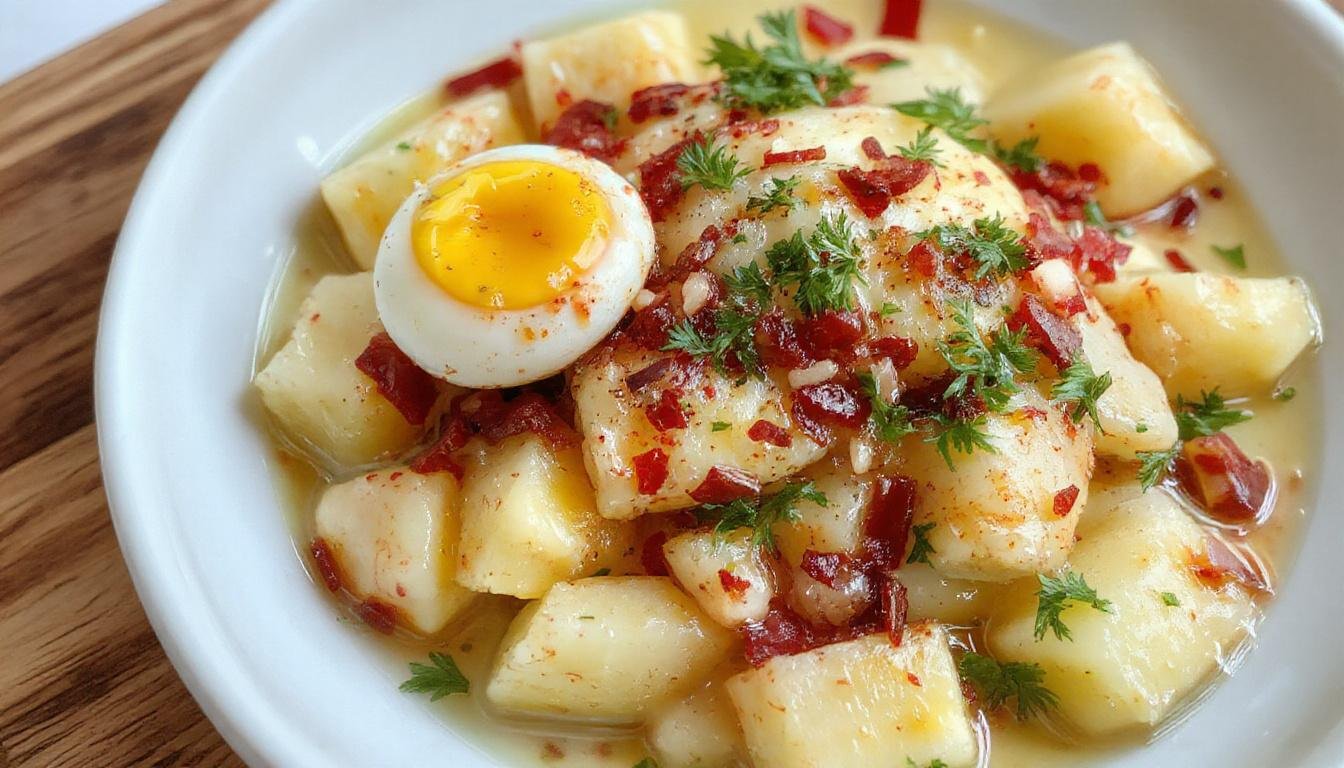 Imagen de una ensalada campera presentada en un plato grande, con patatas amarillas en cubos, huevos duros cortados en mitades, atún en trozos y verduras frescas como pimientos y tomates. La ensalada está decorada con aceitunas negras y perejil picado, exhibiendo colores vibrantes y texturas variadas en una presentación apetitosa.