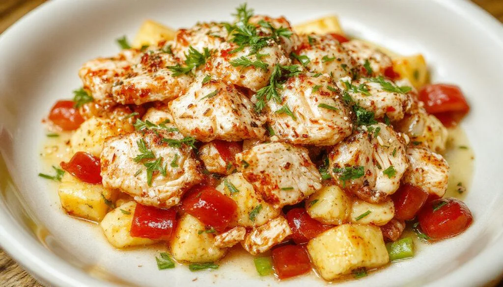 Ensalada César con pollo crujiente en un plato blanco, adornada con croutons, queso parmesano rallado, y hojas de lechuga fresca, con un aderezo cremoso y dorado distribuidos por encima.