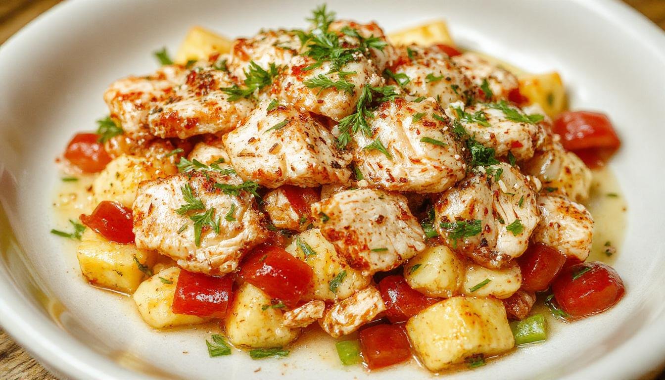 Ensalada César con pollo crujiente en un plato blanco, adornada con croutons, queso parmesano rallado, y hojas de lechuga fresca, con un aderezo cremoso y dorado distribuidos por encima.