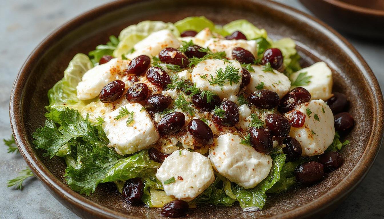 Ensalada griega con queso feta en cubos, aceitunas Kalamata negras, tomate cherry y pepino en rodajas, adornada con hierbas frescas y rociada con aceite de oliva, presentada en un plato blanco en un entorno luminoso y fresco.