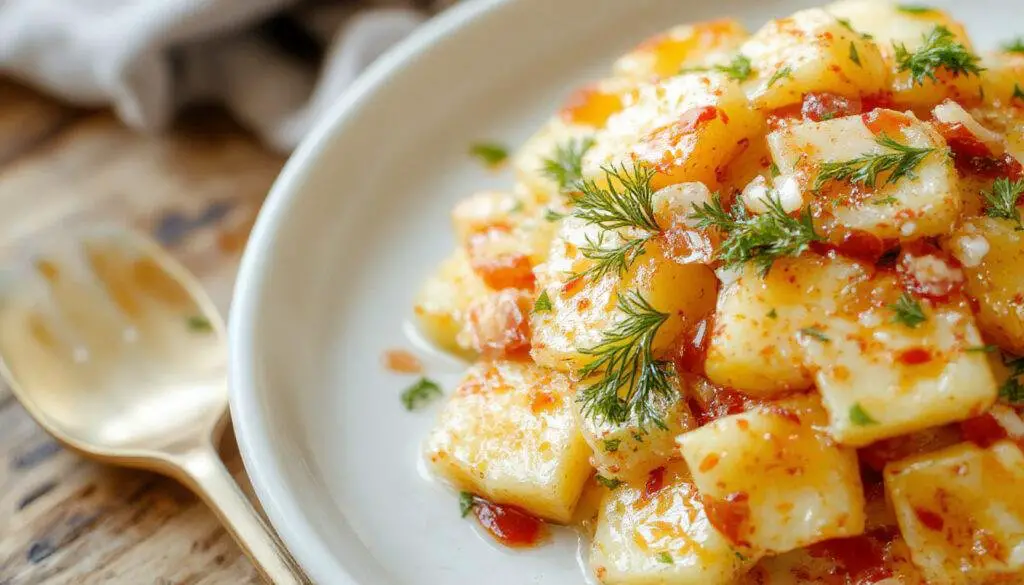 Ensalada malagueña de patata, naranja y bacalao en un plato blanco, decorada con perejil y rodajas de naranja, con una textura colorida y fresca.