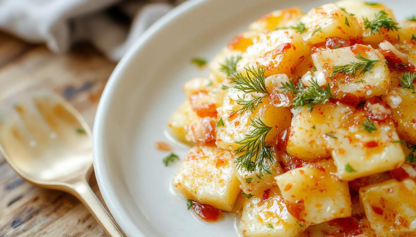 Ensalada malagueña de patata, naranja y bacalao en un plato blanco, decorada con perejil y rodajas de naranja, con una textura colorida y fresca.